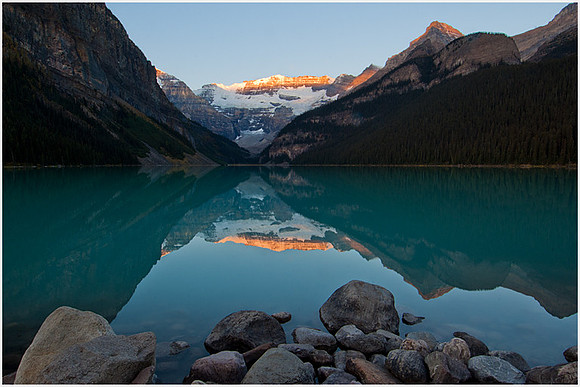 sunrise on Victoria glacier from Lake Louise