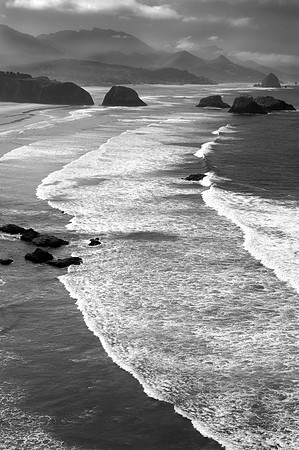 Oregon coastline in black and white