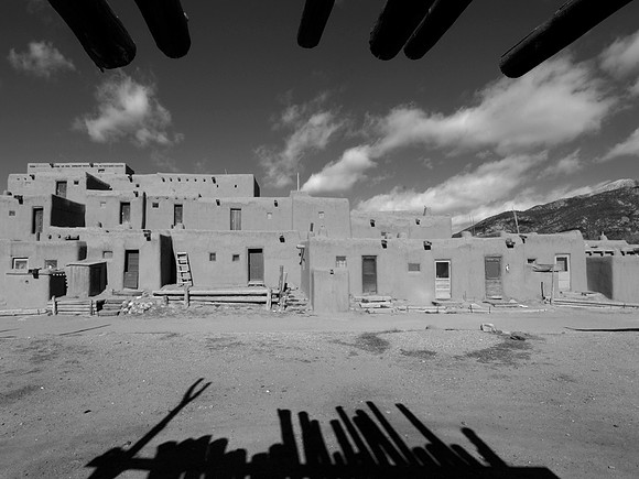 Taos pueblo in black and white