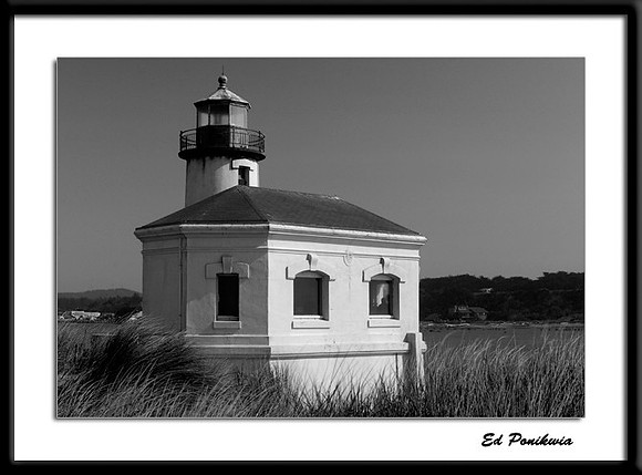 Coquille River Lighthouse in black and white